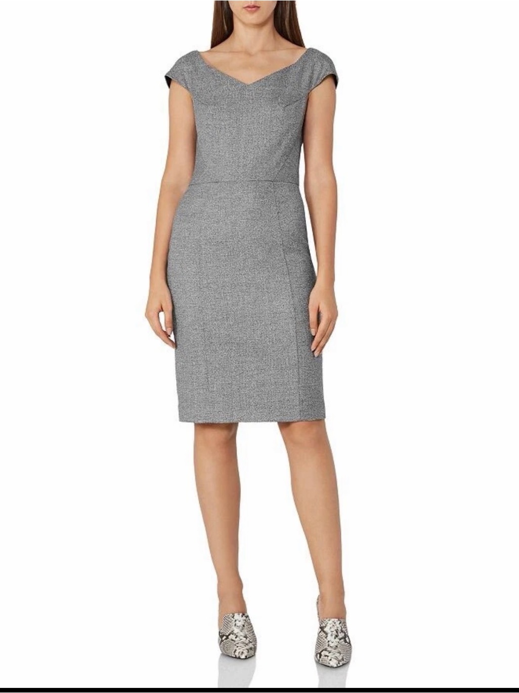 Reiss Grey Cap-Sleeve V-Neck Midi Dress